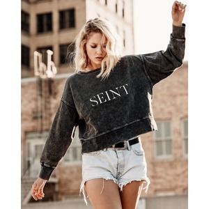 Seint Beauty Womens XS Crop Pullover Oversize Sweatshirt Vintage Washed Gray